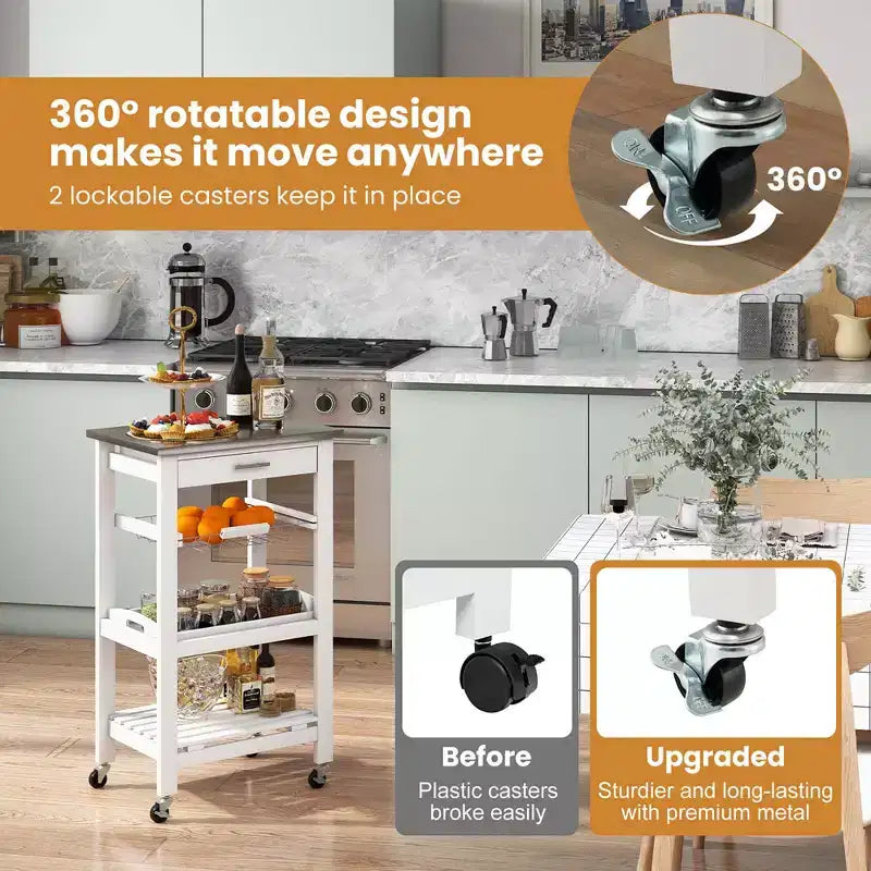 Carrello da cucina con isola, rotante, bianco/nero/grigio con ripiano in acciaio inossidabile, monoposto