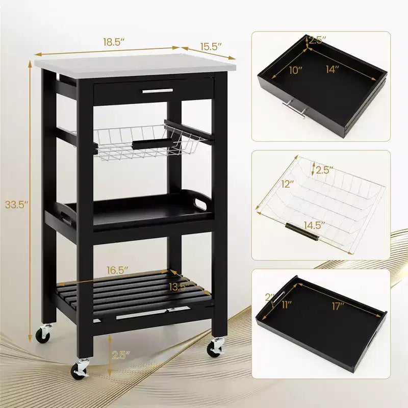 Carrello da cucina con isola, rotante, bianco/nero/grigio con ripiano in acciaio inossidabile, monoposto