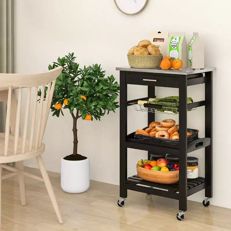 Carrello da cucina con isola, rotante, bianco/nero/grigio con ripiano in acciaio inossidabile, monoposto