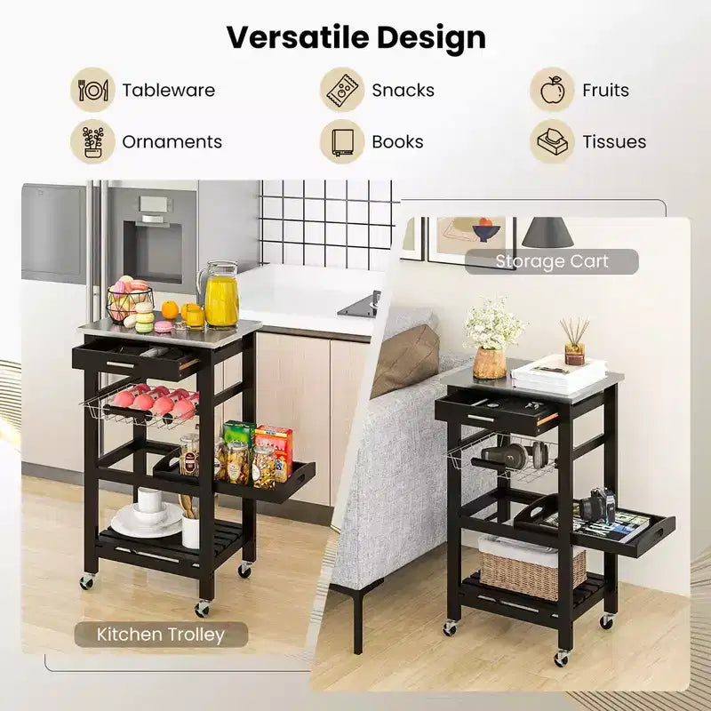 Carrello da cucina con isola, rotante, bianco/nero/grigio con ripiano in acciaio inossidabile, monoposto