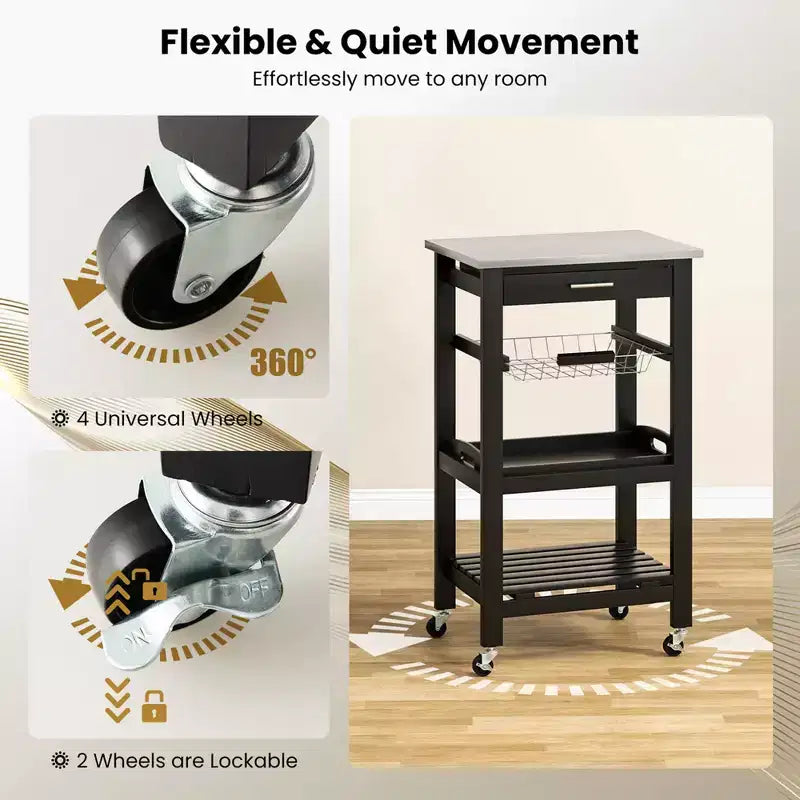 Carrello da cucina con isola, rotante, bianco/nero/grigio con ripiano in acciaio inossidabile, monoposto