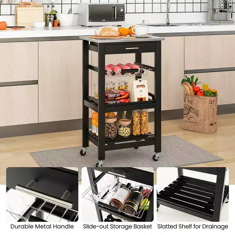 Carrello da cucina con isola, rotante, bianco/nero/grigio con ripiano in acciaio inossidabile, monoposto